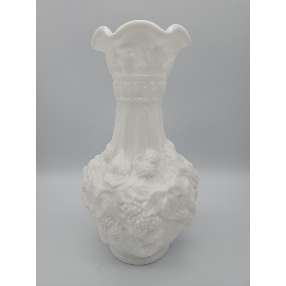 Imperial Glass English Loganberry Vase White Milk Glass Ruffle Rim VTG 10" EUC